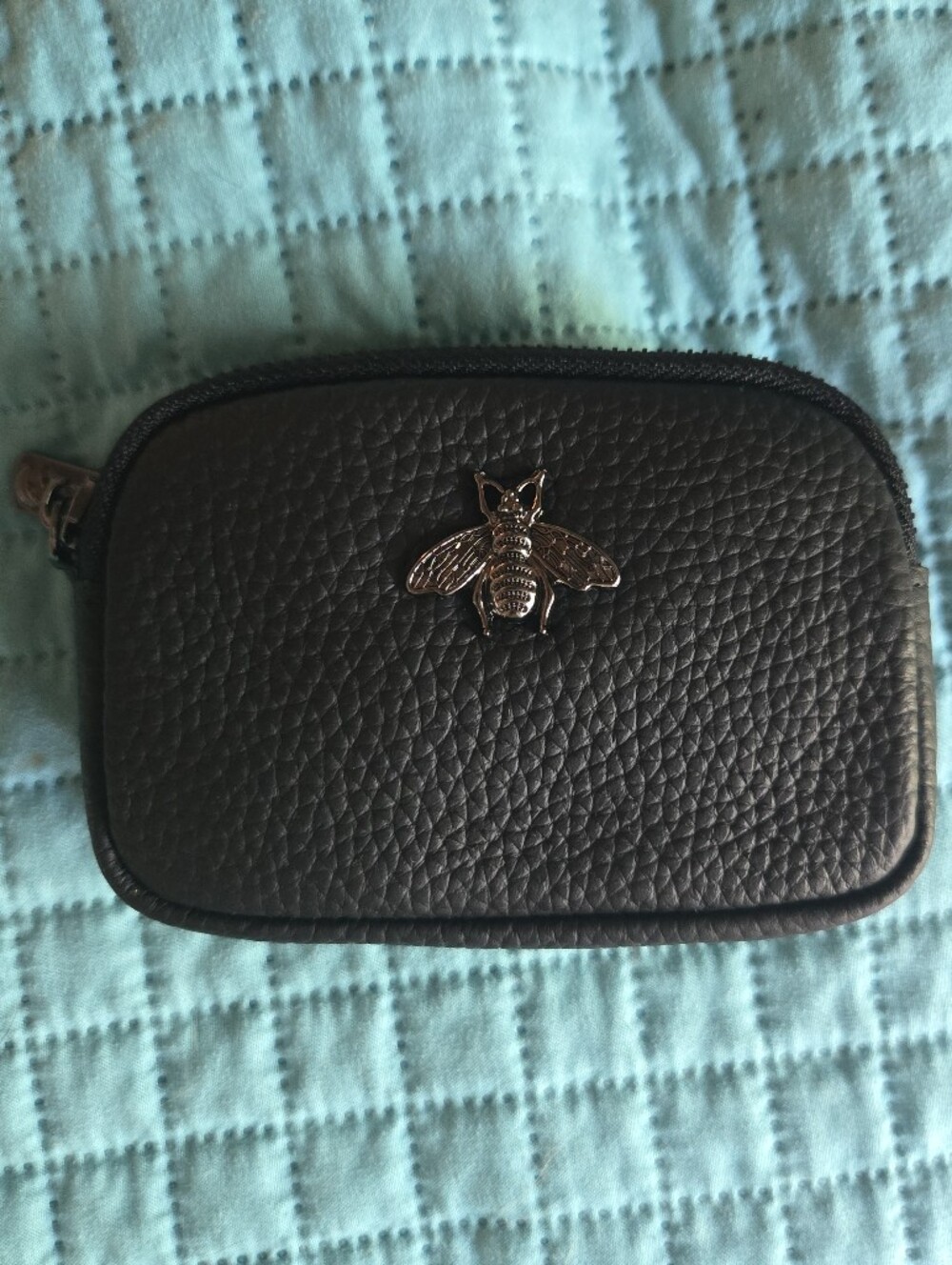 Gorgeous Black Leather Double Zip Pouch with Bee Emblem